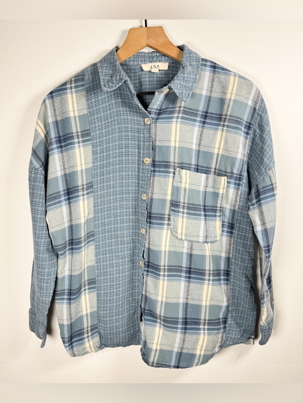 JOA Women’s Blue Patchwork Flannel Colorblock Long Sleeve Button Up Shirt Sz S